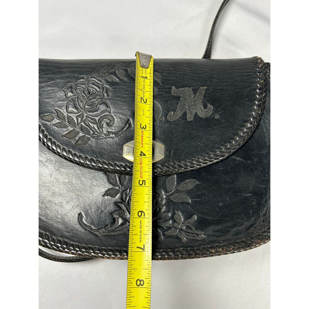 Vintage1940 custom-made curved leather, shoulder bag, black crossbody adjustable - Picture 6 of 13